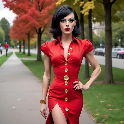 Prompt: Slim, gorgeous, 25-year-old, Swiss drag queen wearing a form fitted slim long Red button down dress, gold stiletto high heels, short straight black shoulder length hair. Walking through Cantral Park.