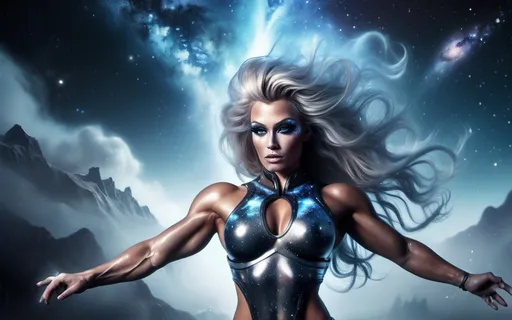 Prompt: splash art, hyper detailed, hyper realistic, highly detailed, dark, surreal heavy mist, floating at the edge of the world, With the Milkyway galaxy in the background,

Focused on a computer generated hologram of a beautiful, ultra realistic, ultra muscular, 25-year-old Norwegian drag queen, bodybuilder, Time Guardian Goddess, wearing Obsidean Armor,

Gorgeous, highly detailed facial features, long legs, vibrant sumptuous perfect body, ultra pale, visible midriff,

Wielding an electric sword

Perfect studio lighting, perfect shading. HDR, UHD, high res, 64k, cinematic lighting, special effects, hd octane render, professional photograph, trending on artstation, .