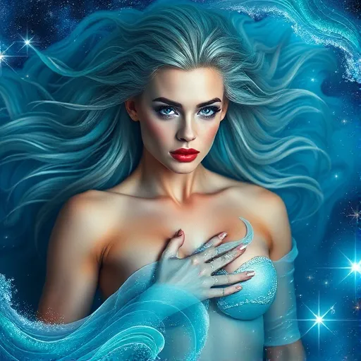 Prompt: Gorgeous ultra-muscular 25-year-old Czechian drag queen bodybuilder, ethereal figure emanating cosmic vibes, flowing water waves shimmering around her, celestial motifs in hues of deep blue and aqua, radiant aura filled with twinkling stars, dreamy and introspective atmosphere, vibrant contrasts bringing focus to her serene expression, high detail and clarity, embodying the liberated spirit of the Aquarius sign, full 4K resolution.