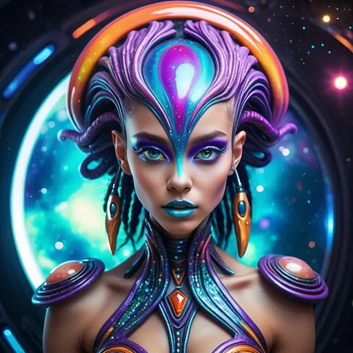 Prompt: Gorgeous 25-year-old Alien from the planet Calle Drag Queen.