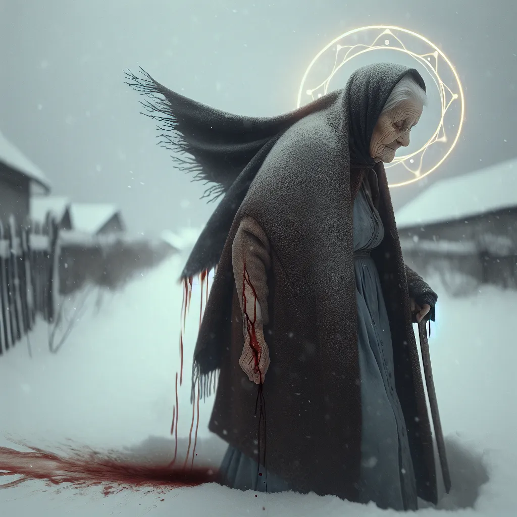 Prompt: God bless she walks in her last winter
The halo 'round her head, it starts to linger
Her fear has died, her heart is still unbroken
There's no remorse, she doesn't mind
She bleeds out