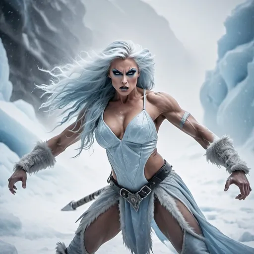 Prompt: a warrior drag queen with defined biceps and icy blue eyes, ultra-muscular, hair flowing in the wind, in a frosty glacier setting, fierce fighting stance, cold and icy knuckles, and snowstorm ambiance, photographed in shades of frosty blues and whites, inspired by Frank Frazetta's style, combat scene, dynamic lighting.