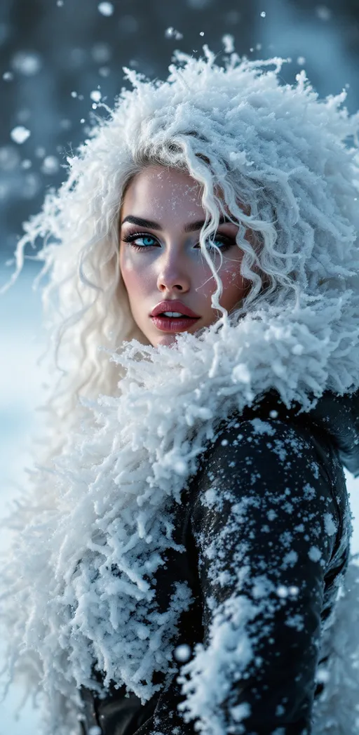 Prompt: Snow swirling into gorgeous Icelandic drag queen made of ice, with an athletic muscular physique, minimalistic, sleek