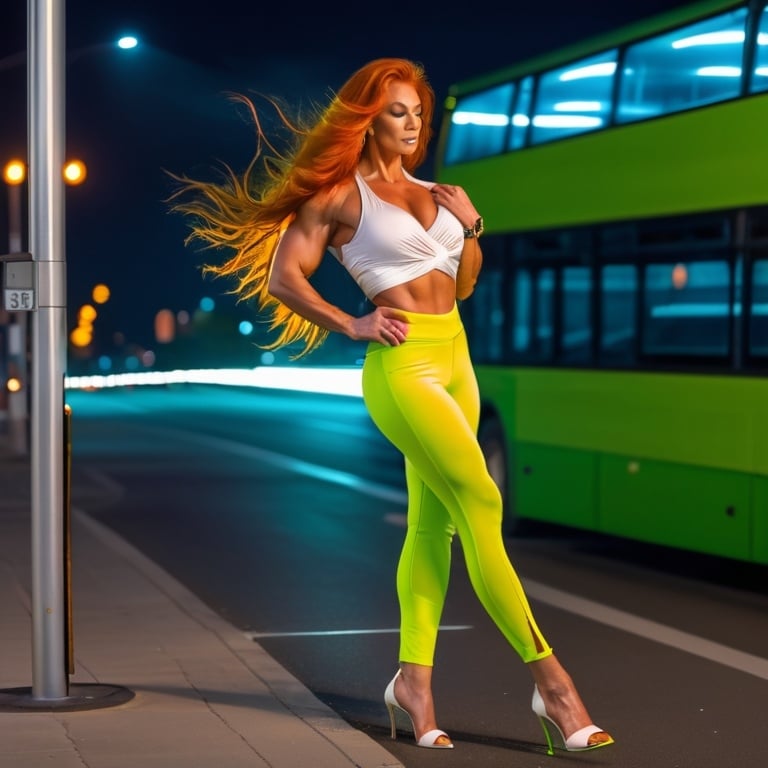 Prompt: Ultra-realistic 8k digital photo of a Tall gorgeous 35 years old Czechian goddess bodybuilder with huge busom, and extremely long burnt orange flowing hair (((blowing in the wind))), wearing lime green Capri pants, white sheer silk blouse, and 8 inch stiletto high heel shoes standing at the bus stop at night.