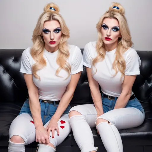 Prompt: 2 blonde gorgeous muscular 25-year-old Hungarian drag queen twins sitting on a living room couch, (innocently playful expression), wearing white T-shirts, blue jeans, and white ankle socks, black 8 inch stiletto high heel shoes, hands handcuffed together.  cozy yet intriguing atmosphere, warm and soft lighting, cozy room detail in the background, (high detail), inviting ambiance with comfortable furniture, engaging composition.