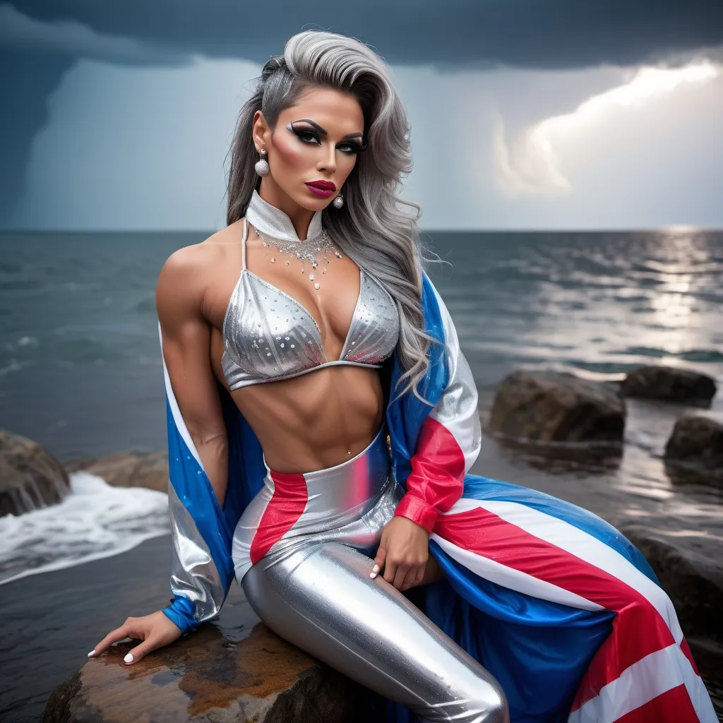 Prompt: photo of a gorgeous ultra-muscular 25-year-old Czechian drag queen bodybuilder, in soaking wet clothes, wet 8 inch stiletto silver high heel sandals, rain storm,  multi-colored ballgown, sitting on a rock by the sea,   enjoying, wet clothes stuck to body,  detailed textures of the wet clothes, wet face, wet plastered dark orange hair,  wet, drenched, professional, high-quality details, full body view