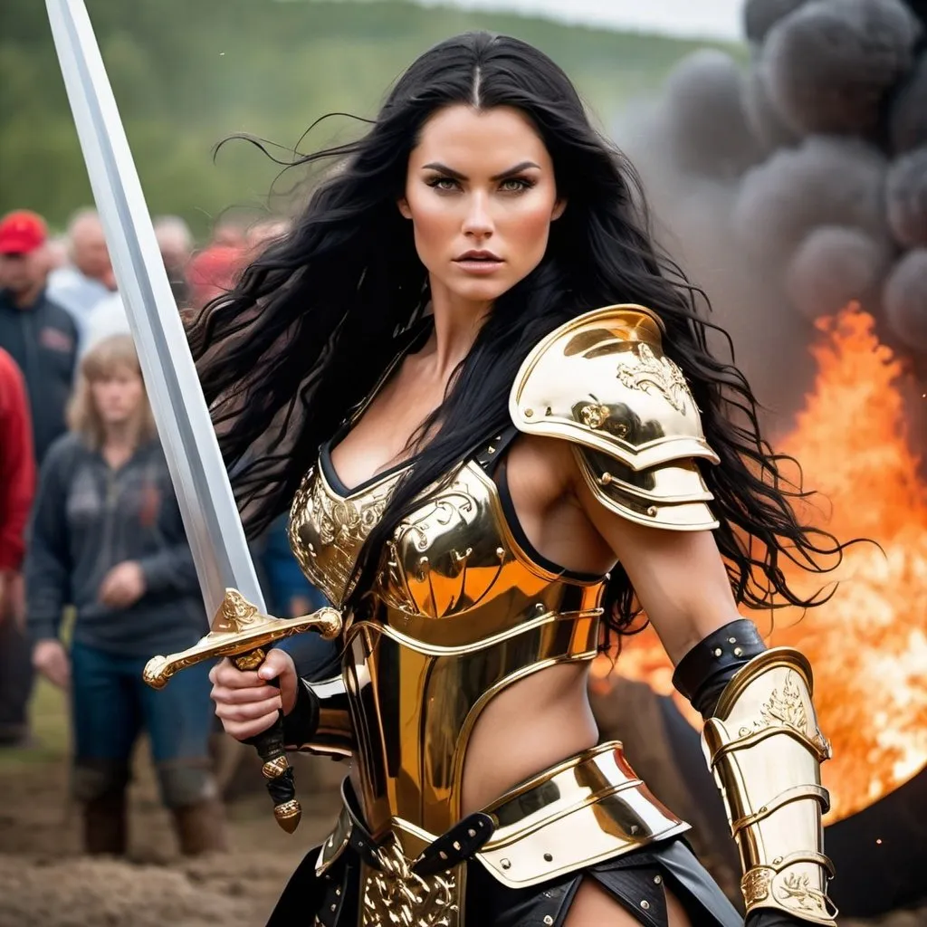 Prompt: Gorgeous ultra-muscular 25-year-old Swedish goddess with huge busom and ridiculously long wavy black hair, dressed as a warrior princess in complete shimmering golden steel armor and a gleeming golden longsword in the midst of a bloody and fiery battle.