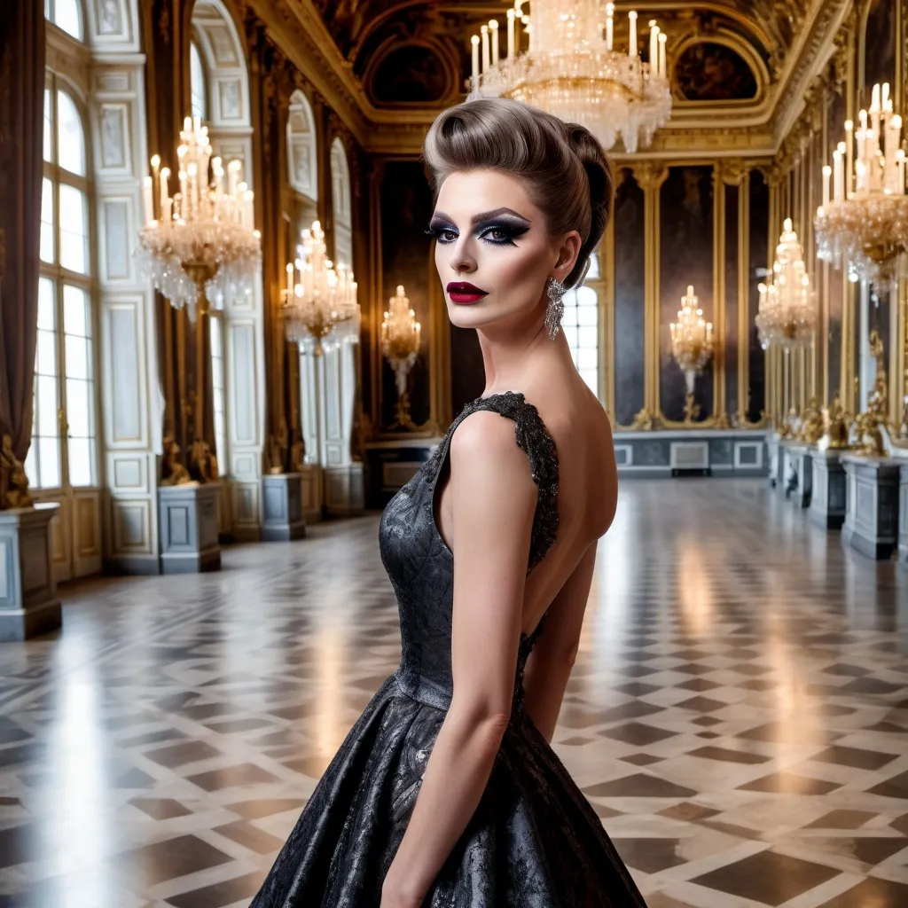 Prompt: Design a modern glamorous wedding dress worn by a real life gorgeous German drag queen ((strong masculine jawline and brow features)) model dress to be daring and glamorous and elegant, dark eye makeup, dark lipstick.  Posing in the Palace of Versailles.