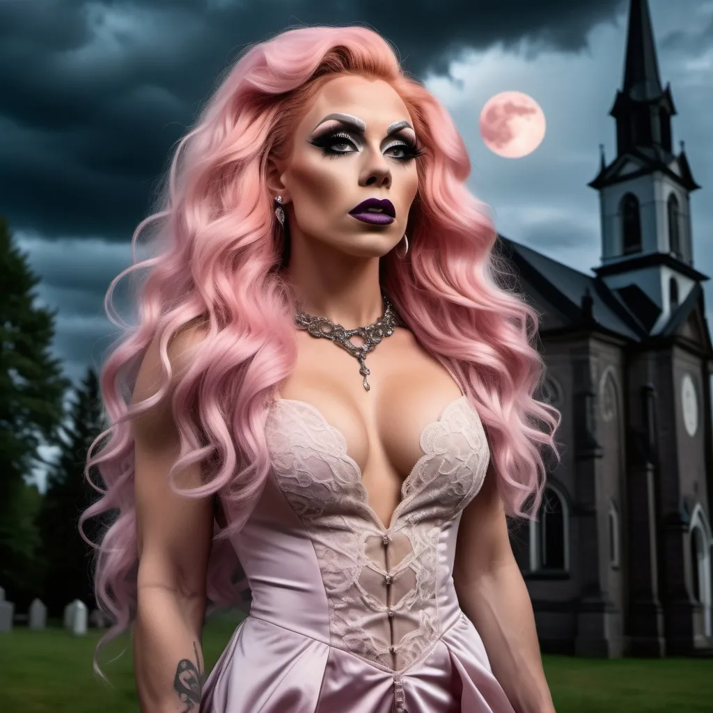 Prompt: Gorgeous 25-year-old Finnish drag queen bodybuilder with long wavy pink hair, in a high slit evening gown with a lace front and a collar, waltzes with werewolf in a churchyard under the full moon and storm clouds.