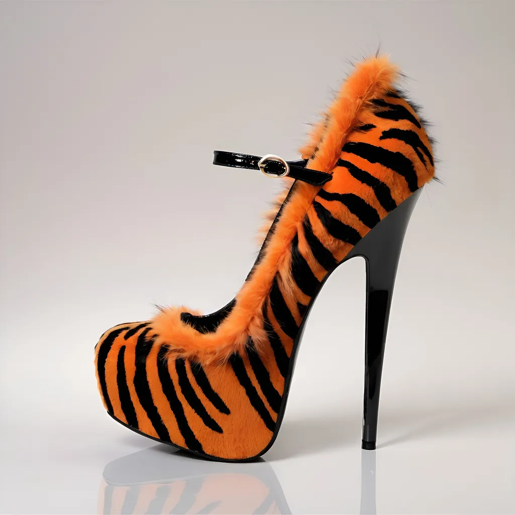 Prompt: 8 inch stiletto tiger fur high heel shoes. 