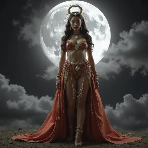 Prompt: Ultrarealistic full-body shot of a beautiful muscular Japanese drag queen, captured off-center, with visible legs and feet. She is adorned in celestial, otherworldly dark attire complemented by shades of red and cream. Her outfit is further enhanced with exquisite white and golden accessories, dominated by luxurious white sparkling diamonds. Natural moonlight bathes her features, adding a subtle depth, and a blurred, smoky black-and-white cloudy background with an oversized moon isolates her radiant form. This luxurious and luminous composition ensures her full-body figure stands out, from head to toe.