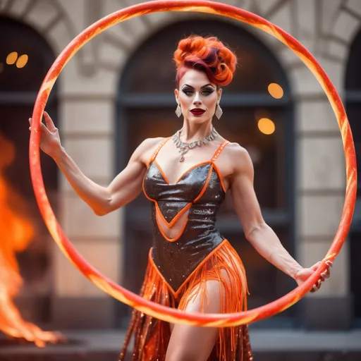 Prompt: Watercolor impressionist art, professional elegant circus stunning muscular 25-year-old French drag queen performer wearing intricate dance outfit playing a set of hula hoops made of lava elements and burning charcoal with elegant action on top of a building , and  a fire elements come out from inside her forming a orange and red trail of sparkling dress, illuminated bokeh twinkling glittery background. studio lighting. Mesmerizing and spectacular splendid performance. Masterpiece of art, thrilling and exciting to view from the audience.