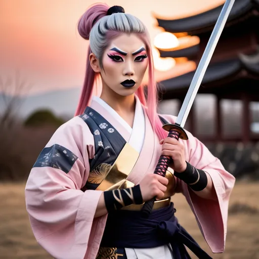 Prompt: A gorgeous muscular 21-year-old Japanese drag queen Samurai (dark eye makeup, dark lipstick, big busom, and platinum pink hair) wearing a traditional ancient Samurai yoroi and holding a katana in one hand, standing in a battle stance. 13th century Japan at sunset.