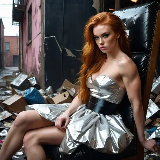 Prompt: A close up portrait of a Drunken long haired red-head gorgeous ultra-muscular 25-year-old Russian bodybuilder woman dressed in a ridiculous puffy golden party dress with a black sash. She is sitting in torn and distressed sofa chair, by a broken shattered TV and other trash, in a back alley, oil painting, desolate surroundings, gritty realism, dark and somber tones, dramatic lighting, ultra-detailed, emotive, expressive faces, urban trash filled alley, reflective lighting, oil painting, desolate, gritty, dramatic lighting, somber tones, expressive faces, puffy white party dress, pink sash