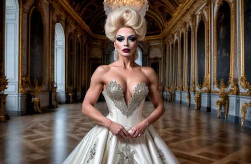 Prompt: High-definition live action digital photograph Design a modern glamorous wedding dress worn by a real life gorgeous French drag queen bodybuilder model, dress to be daring and glamorous and elegant, dark eye makeup, dark lipstick.  Posing in the Palace of Versailles.