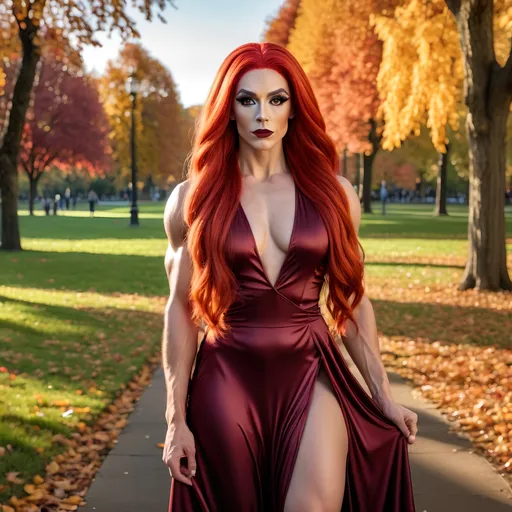 Prompt: full body, gorgeous muscular 25-year-old Czechian drag queen bodybuilder with long loosely braided bright red hair, strong masculine jawline and brow,  dark eyeshadow and dark lipstick, tempting, hourglass figure, wearing a light airy sundress, walking through the park during autumn sunset.