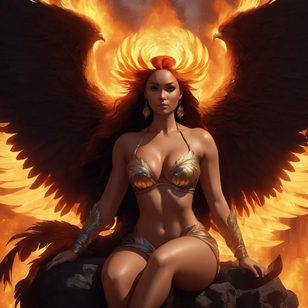 Prompt:  a flaming phoenix is perched on a 25 year old goddess's shoulder. The 25 year old goddess has clothes made of feathers and looks like a phoenix as a 25 year old goddess. Full length. Muscular. Huge busom.