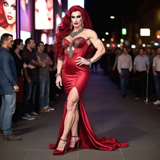 Prompt: A gorgeous ultra-muscular 35-year-old Czechian drag queen bodybuiler with huge busom and extremely long wavy dark red hair wearing a very detailed Valentino Dress and 8 inch stiletto high heel shoes at a movie premiere at night.