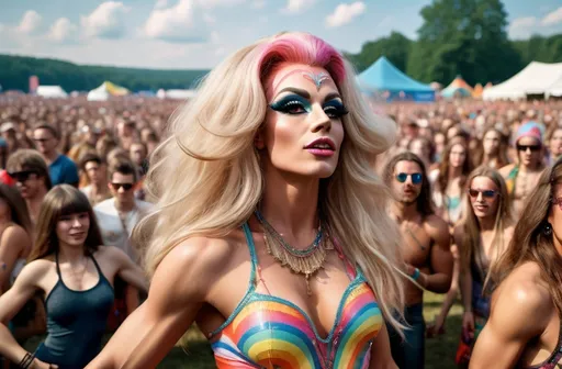 Prompt: photorealistic, high resolution,  a gorgeous 
ultra-muscular 25-year-old Polish drag queen (Athletic physique) at Woodstock festival, dancing in a dynamic pose, elaborate detailed facial features, her expression of ((calm ecstatic bliss,)) emulating the hippie spirit, vibrant colors, psychedelic attire, crowded atmosphere with a (packed sea of people) seated, backdrop filled with lively performances, warm and sunny ambiance, showcasing (entrancing beauty), capturing the essence of youth and freedom, ultra-detailed.