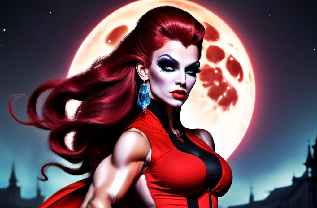 Prompt: a gorgeous ultra-muscular 25-year-old Romanian drag queen bodybuilder in a witches costume standing in front of a full moon, promotional art, strong red hue, ign, (dark long curly hair), heavily upvoted, inspired by Greg Staples, bright red, wearing corset, 8 inch stiletto high heel shoes.