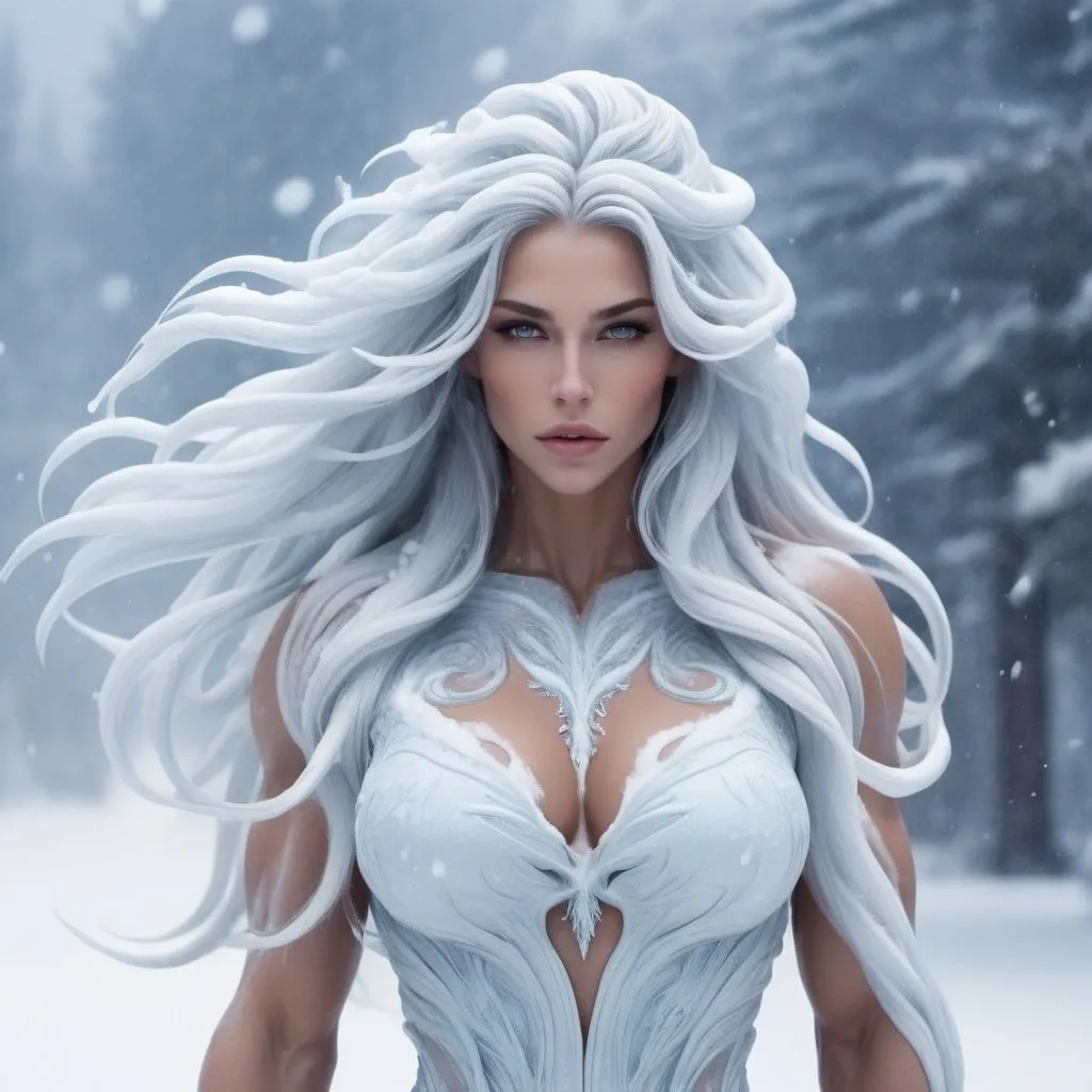 Prompt: Snow swirling, creating a gorgeous goddess made of ice with muscular physique, huge busom, and ridiculously long icy hair, minimalistic, sleek