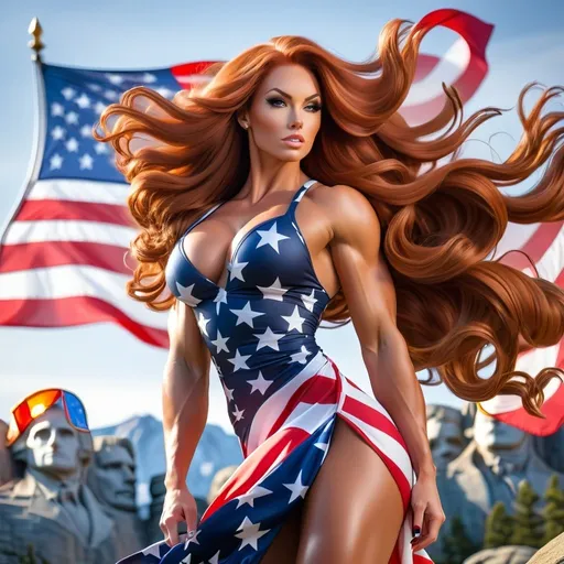 Prompt: Gorgeous ultra-muscular 25-year-old Mid-Western goddess bodybuilder with huge busom and ridiculously long wavy auburn hair (((blowing in the wind))),  wearing a beautiful American Flag Dress and 8 inch stiletto high heel shoes, Mount Rushmore Background in the morning. 