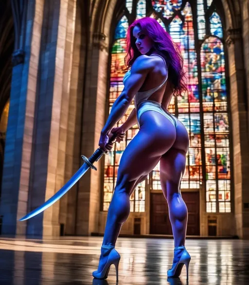 Prompt: Gorgeous ultra-muscular 25-year-old Czechian goddess bodybuilder with huge busom and ridiculously long flowing violet hair wearing a tight one-piece white latex mini dress and 8 inch stiletto high heel shoes in a dynamic fighting stance, holding a Japanese sword, inside a grand cathedral, comic book style, dramatic lighting, intense and vibrant colors, stained glass windows casting colorful reflections, high quality, comic book, dynamic pose, Japanese sword, grand cathedral, dramatic lighting, intense colors, vibrant, stained glass reflections