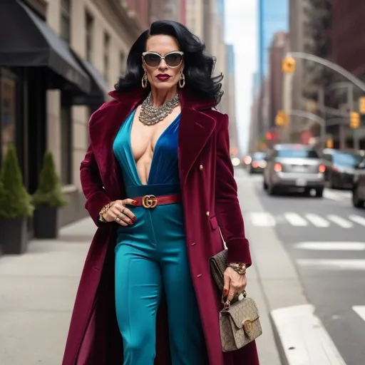 Prompt: Create a realistic depiction of a gorgeous  muscular 35-year-old Swedish drag queen bodybuilder with black hair dressed in Gucci Complete Woman Day Look, New York City streets, sophisticated velour fashion, rich burgundy shades, vibrant urban backdrop, stylish accessories, confident pose, elegant details, soft sunlight enhancing textures, high fashion ambiance, chic metropolitan vibe, ultra-detailed, 4K quality, modern luxury atmosphere, urban sophistication, fashion-focused.
