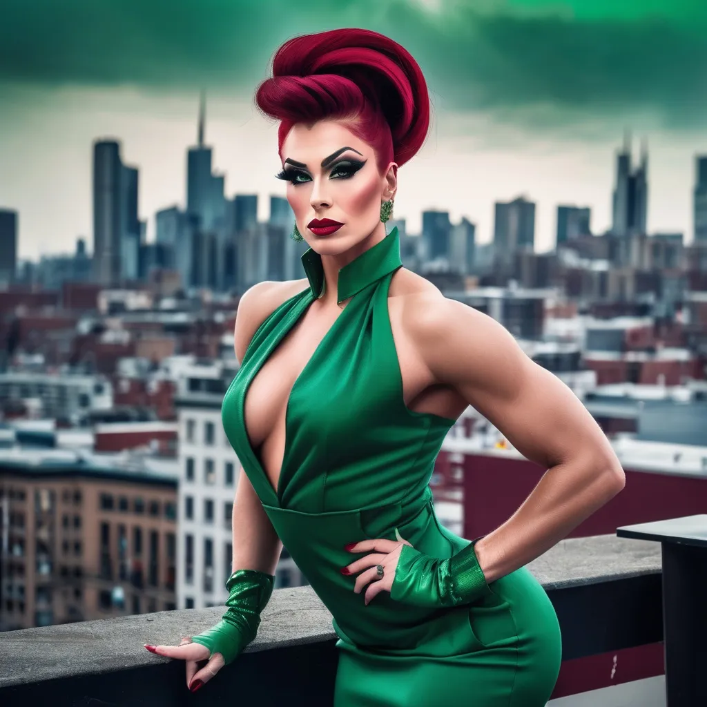 Prompt: Gorgeous muscular 25-year-old Belgian drag queen (strong masculine jawline and brow) with very long dark red tight updo hair in a green outfit and 8 inch stiletto high heel shoes, with a cityscape background, Erlund Hudson, transgressive art, promotional image, a character portrait