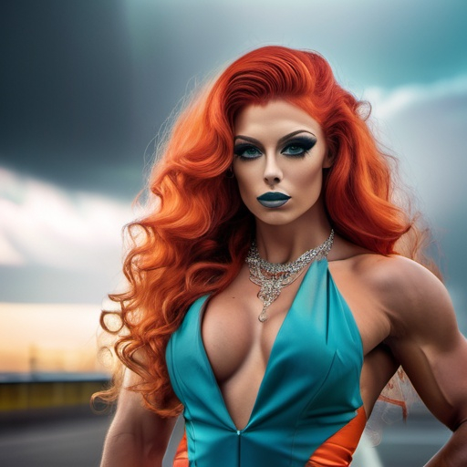 Prompt: Gorgeous ultra-muscular 25-year-old Czechian drag queen bodybuilder, stunning long cascading curly white-red hair, clear and detailed eyes, full body half side potrait of a photorealistic beautiful seductress, dark sky, gloomy, exotic teal and neon orange vintage dress, choker style colar, blue color eyes, detailed face, cyperpunk, full body, magic fantasy, wow effect, Artgerm and rubens style painting, Disney heroes are always a rewarding subject, stunning northern lights as backdrop