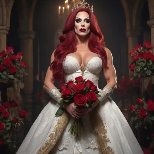 Prompt: A HD 4k 3D 8k professional full-body modeling photo of a gorgeous muscular 35-year-old Hungarian drag queen bodybuilder (long dark red hair, dark lipstick, dark eye makeup,  and big busom) dressed in a medieval wedding dress and a long bouquet of roses in hands falling down to her feet, magical realism, very very beautiful, very detailed oil painting


