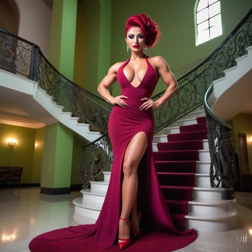 Prompt: Beautiful bosomy olive-skin bodybuilder woman, long bright red updo styled hair, vibrant green eyes, flawless round face, dark eye shadowand dark red lipstick, long flowing magenta & red dress with peekaboo cutout and thigh slit, 8 inch white stiletto high heels, standing on a grand staircase, high-res, pro lighting, pro photo, sharp focus, luxury setting, haute couture fashion, subtle smile, sophisticated, elegant