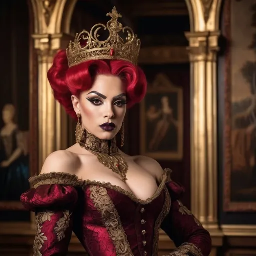 Prompt: Gorgeous muscular 25-year-old British drag queen, dark lipstick, heavymascara, vibrant Tudor-era attire, intricate lace details, embroidered patterns, serene expression, elegant pose, rich background of a historic castle, warm gold and deep crimson tones, soft diffused lighting, classical artwork style, ultra-detailed, regal atmosphere, capturing the essence of 16th-century nobility, majestic ambiance.