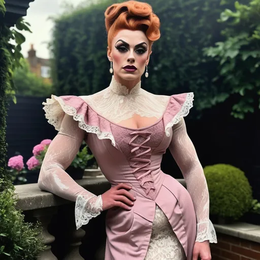 Prompt: Gorgeous muscular 25-year-old British drag queen ((strong masculine jawline and brow features)) wearing a tea-gown, year 1905. Garden patio. Lace. frills. realistic. pretty face