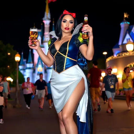 Prompt: Gorgeous ultra-muscular 25-year-old Swedish drag queen Snow White with 8 inch stiletto high heel shoes, dark mascara, eyeshadow and dark red lipstick, standing in Disney World holding a beer and flirting with guests at night