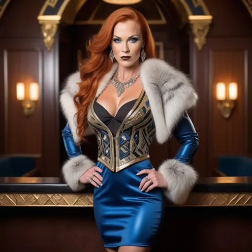 Prompt: Gorgeous 35-year-old Finnish goddess bodybuilder with long burnt orange hair, intricate diamond-shape face, blue eyes, silver jewelry, gold bolero jacket with black and fur trim, black leather bustier & pencil skirt with gold trim, 8 inch high heel shoes, Art Deco casino, 8k photo, stylish, elegant, detailed facial features, art deco, luxurious setting, professional lighting, high quality, detailed clothing, glamorous atmosphere, bosomy physique