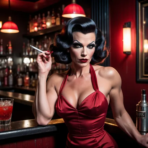 Prompt: Gorgeous muscular 35-year-old femme fatale drag queen (strong masculine jawline and brow) in a dimly lit gritty bar, (1950s noir aesthetics), leaning against the bar, wearing a sleek red cocktail dress, dark eyeshadow, dark lipstick, (holding a lit cigarette), wisps of smoke drifting, dramatic shadows, atmospheric ambiance, (high detail) & (cinematic quality), 8K resolution, hooded incandescent lamp spotlighting her hauntingly beautiful appearance, evokes tension and allure, capturing the essence of classic noir photography.