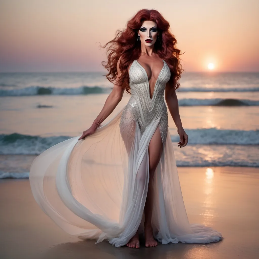 Prompt: tall ultra-muscular gorgeous Greek drag queen bodybuilder with long wavy auburn hair, dark eyeshadow,  dark red lipstick, and bare feet in a sheer white ethereal gown at the beach at dusk. Composition full-length. 