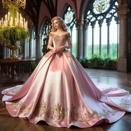 Prompt: A gorgeous muscular 21-year-old Russian drag queen bodybuilder (with big busom, dark lipstick, full lips, dark blonde hair) in a flowing pink satin silk gown with bronze embroidery, ballroom of a medieval castel, Anton Pieck style, medieval fantasy, intricate patterns, ornate cloth, royal attire, detailed realistic clothing folds, lush greenery, soft pastel tones, romantic lighting, professional, ultra-detailed, fantasy, medieval, satin gown, palace garden, Anton Pieck style, ornate architecture, lush greenery, romantic lighting, royal attire, intricate patterns, soft pastel tones, flowing fabric, professional lighting