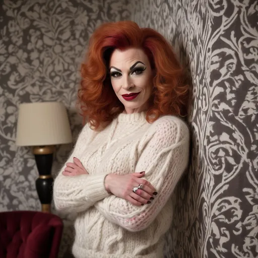 Prompt: Gorgeous muscular 35-year-old red-headed French drag queen in a modern home, against a wall with wallpaper and furniture background
wearing long cable knitted angora mohair sweater , (extremely fluffy:1.8) angora mohair sweater, from side, looking at viewer, smile, (full lips:1.8), dark red lipstick, daek eyeliner, dark makeup, 8k, very detailed, green eyes, very detailed eyes,
source_real, raw, photo, amateur, french drag queen, Close-Set Eyes, [eyecolors violet], full lips, high cheekbones, weak receding chin, burgundy, lob, light blue, lip gloss, __15JeweleryMaterials__ __14Piercing__, large busom,  gorgerous, outdoor, portrait, , highly detailed, detailed skin, depth of field, film grain
(photorealistic) (bokeh) (intricate details) (cinematic lighting) (sharp focus)
