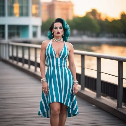 Prompt: Here's a prompt:

"Generate an image of a stylish and confident 35-year-old Hungarian drag queen bodybuilder wearing a cute teal and white long flowing sundress. Face has strong masculine jawline and brow. Dark eyeshadow and dark lipstick. Large busom. Short dark read hairstyle. 

Outfit:

- Sundress: light and long, flowing teal and white stripes
- Shoes: White stiletto heels
- Accessories: Minimalist jewelry, such as a simple watch and hoop earrings

Pose:

- Standing carefree and confident 
- Slightly angle the body, showcasing the outfit's silhouette
- Gaze directly at the camera with a subtle smile

Background:

- boardwalk at sunset

Style:

- Modern, sophisticated, and effortlessly chic
- Emphasize the harmony of teal and white hues
- Capture the individual's poise and confidence

Generate a high-quality image showcasing the perfect blend of style, elegance, and modern flair."