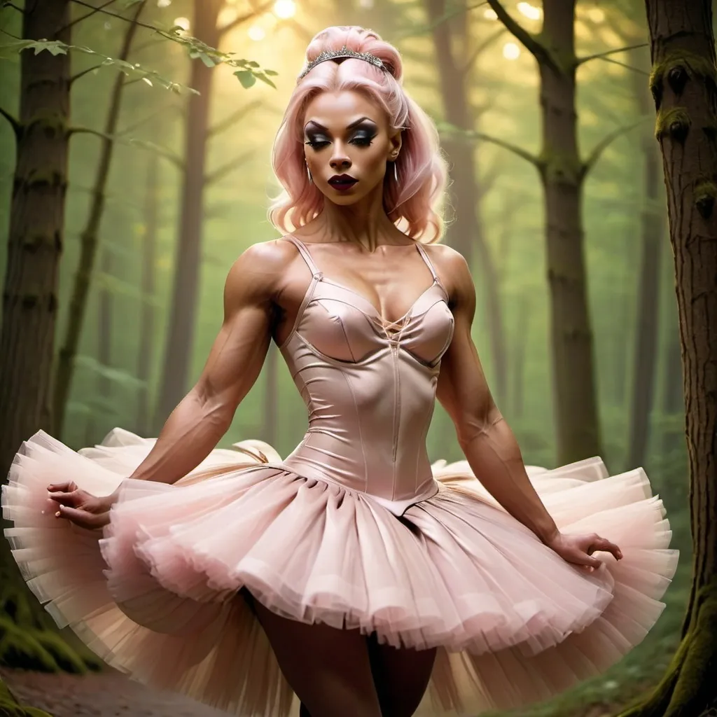 Prompt: (focused character gorgeous ultra-muscular 25-year-old Swedish drag queen bodybuilder), (elegant ballet pose), soft warm lighting, large busom, flowing pastel-colored tutu, enchanted forest background, delicate expression, intricate details in attire, dark eyeshadow,  dark red lipstick, immersive atmosphere, ethereal vibe, graceful movements, dreamy ambiance, intricate ballet shoes, glowing soft light filtering through trees, beautiful HD quality, atmospheric cinematic mastery