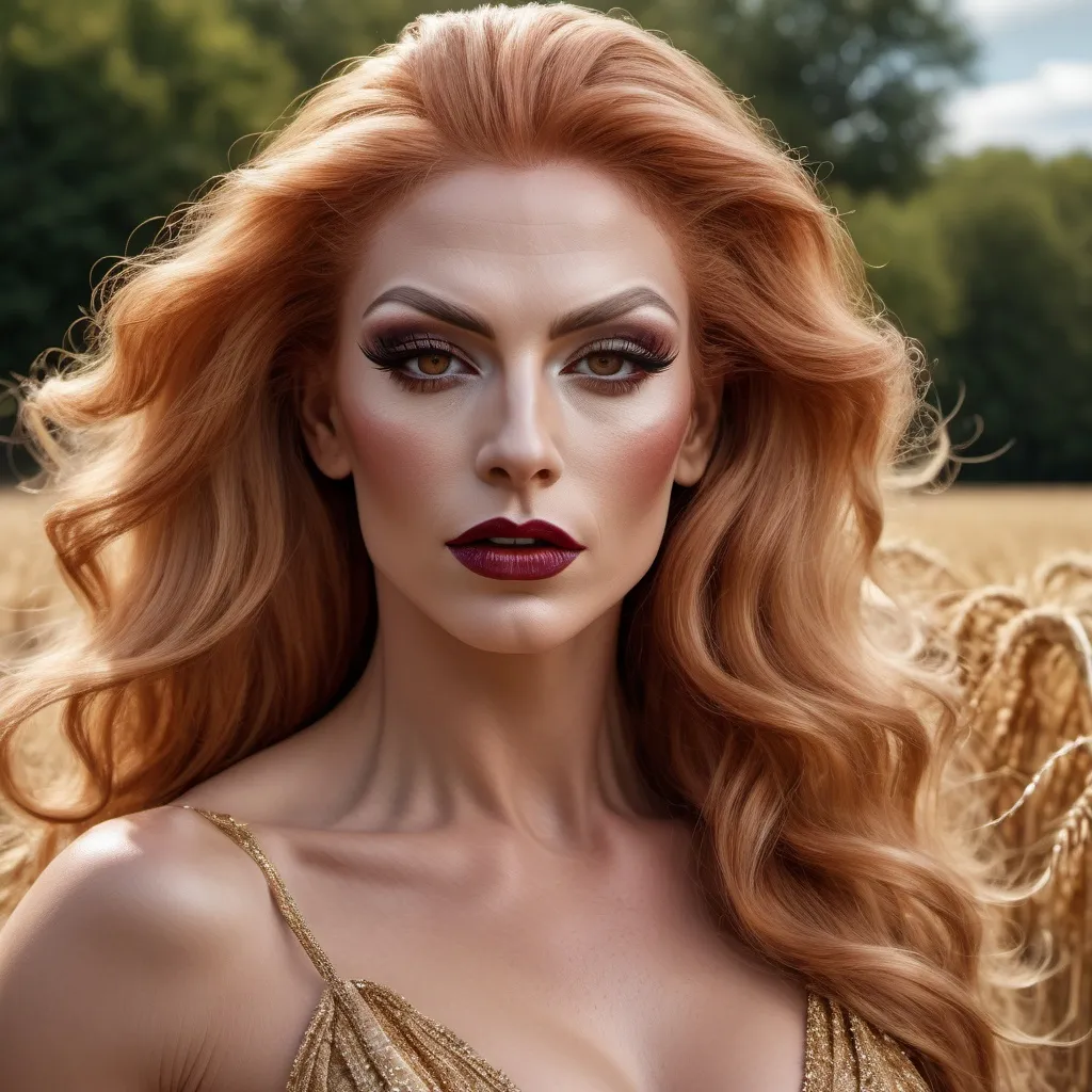 Prompt: HD 4k 3D 8k professional modeling photo hyper realistic gorgeous ultra-muscular 35-year-old French drag queen ethereal goddess of grain (strong masculine jawline and brow), agriculture, harvest, growth, and nourishment, very long strawberry-blonde hair (((blowing in the wind))), brown eyes, dark eyeshadow, heavy mascara, dark red lipstick, gorgeous face tan skin yellow shimmering dress full body surrounded by magical glowing sunlight hd landscape background of enchanting mystical wheatfield