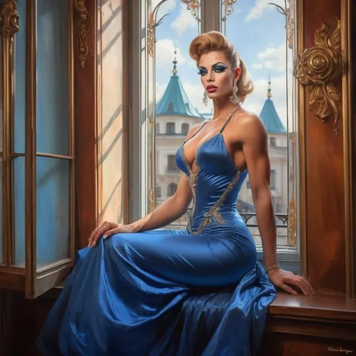 Prompt: Gorgeous muscular 25-year-old tanned Austrian drag queen bodybuilder (strong masculine jawline and brow facial features) with big busom in a blue dress sitting on a window sill, beauty art nouveau, romanticism photograph, beautiful fantasy painting, elegant cinematic fantasy photography, very beautiful fantasy photography, beautiful fantasy photography, photoreal elegant, fantasy portrait, gorgeous digital photography, elegant, retro vintage and romanticism, ( ( konstantin razumov ) ), elegant drag queen, hyper-realistic 