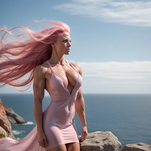 Prompt: A 8k hi-res hd detailed digital photograph of a gorgeous ultra-muscular 25-year-old Finnish goddess bodybuilder with huge busom and ridiculously long flowing pink hair (((blowing in the wind))), wear ing light sheer sundress, standing on a cliff looking at the sea in a fancy art style.
