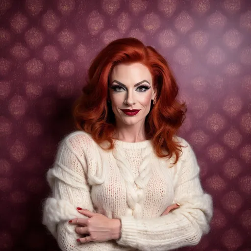 Prompt: Gorgeous muscular 35-year-old red-headed French drag queen in a modern home, against a wall with wallpaper and furniture background
wearing long cable knitted angora mohair sweater , (extremely fluffy:1.8) angora mohair sweater, from side, looking at viewer, smile, (full lips:1.8), dark red lipstick, daek eyeliner, dark makeup, 8k, very detailed, green eyes, very detailed eyes,
source_real, raw, photo, amateur, french drag queen, Close-Set Eyes, [eyecolors violet], full lips, high cheekbones, weak receding chin, burgundy, lob, light blue, lip gloss, __15JeweleryMaterials__ __14Piercing__, large busom,  gorgerous, outdoor, portrait, , highly detailed, detailed skin, depth of field, film grain
(photorealistic) (bokeh) (intricate details) (cinematic lighting) (sharp focus)
