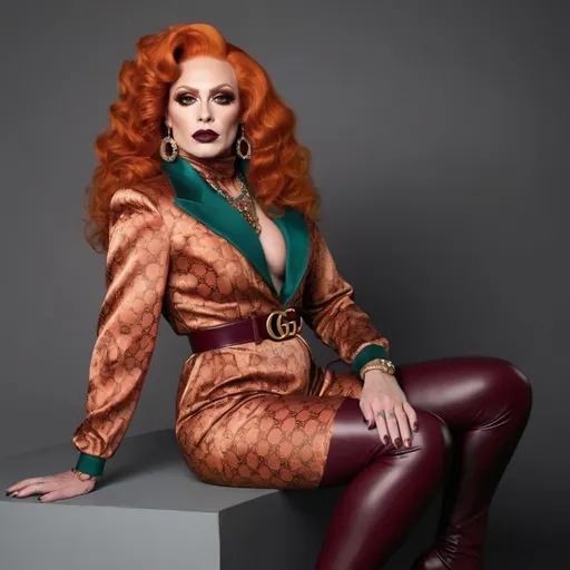 Prompt: I would like to create a beautiful muscular 35-year-old Norwegian drag queen. Full burnt orange curly hair, big busom, and full burgundy lipstick, designer gucci pattern outift gucci designer outfit