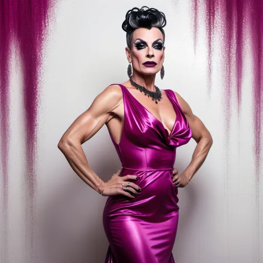 Prompt: The image is a full body portrait of a gorgeous muscular 45-year-old French drag queen with dark graying updo hair, dark eyeshadow,  and dark lipstick (with strong masculine jawline and brow) posing in a magenta satin dress. She is standing in front of a white wall with water droplets cascading down it. The dress is made of a shiny, satin-like material and has a high neckline with a lace overlay. The drag queen is wearing large, dangling earrings. She has a gold clutch in her hand and is looking directly at the camera with a serious expression. The overall mood of the image is elegant and sophisticated.