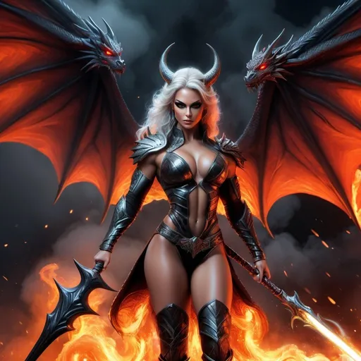 Prompt: Ultra-realistic, Gorgeous ultra-muscular 25 years old Finnish drag queen bodybuilder, Ultra detailed illustration painting of a luminous, gorgeous, angry, and enchanting humanoid dragongirl with dark hair wielding a mystical spear in battle. She is fit, toned, lean, huge busom and very muscular, large dragons wings, and a long tail. Her feet have on 8 inch stiletto high heel boots and her skin has slight scaly aspect to it. She is shouting in rage, the back of her mouth lit with an ambient fiery glow. Glowing red eyes, and wisps of smoke rise from her nostrils. Dynamic pose, female armor, realm enviroment, close mid shot, rule of thirds depth of field intricate details, concept art, subtle colors, fantastical realm, extremely detailed, ultra sharp focus, light particles, attention to detail, grandeur and awe, cinematic, stunning visual masterpiece, double exposure, 8k, photorealistic, strong outlines, cinematographic scene,