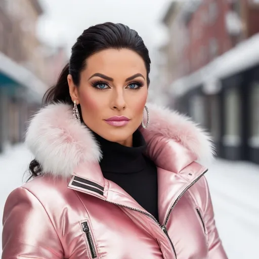 Prompt: Create a digital photograph of a gorgeous muscular 35-year-old British brunette drag queen bodybuilder (strong masculine jawline and brow facial features), radiant sky-blue eyes, dressed in a luxurious pink puffy jacket with brilliant silver trim, elegant white linen slacks, fashionable suede 8 inch stiletto boots adorned with black faux fur trim, chic black suede purse featuring silver accents, standing gracefully at a charming tram stop, serene winter day, soft white snow, richly textured background, ultra-detailed, 8K, professional photography quality, crisp and clear lighting.